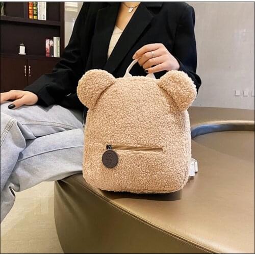 Women Girls Cute Bear Ear Fleece Small Backpack Shopping Rucksacks Casual Warm Solid Color Lambswool Daypack School Bag