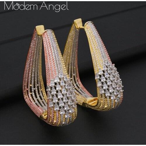 ModemAngel Luxury Line Hollow Geometry Full Cubic Zirconia Women Wedding Engagement Party Earring Fashion Jewelry