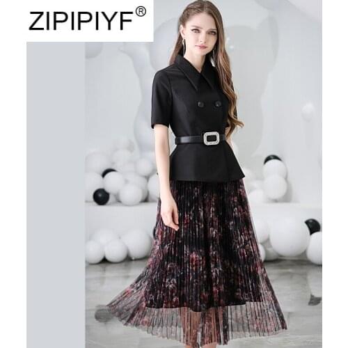 Fashionable Womens Temperament Two-piece Suit Sets 2020 Elegant OL Double-Breasted Tops Ruffled Pleated Skirt C130