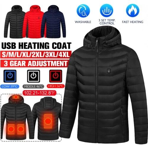 S-4XL New Mens Women Heated Jackets 4-Heating-Zones Outdoor Coat USB Electric Battery Long Sleeve Heating Hooded Cotton Jackets
