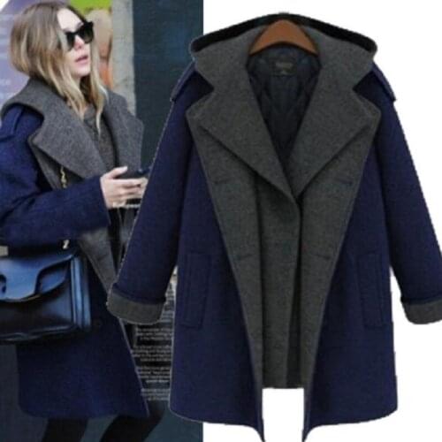 New winter womens clothing wool and blend trench cotton filler warm clothing fake two piece european coat outerwear M-5xl 5089