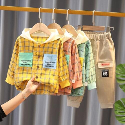 Autumn Spring Fashion Infant Clothing Baby Suit Baby Boys Clothes Casual Plaid Hooded Coat +Tooling Pants Toddler Girls Outfits