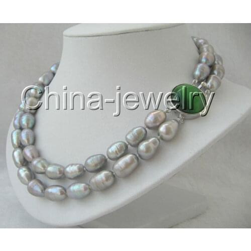 P1602-2row 17-18" 11-13mm natural gray baroque freshwater pearl necklace - opal