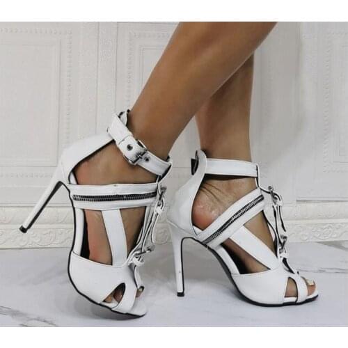 Drop Shipping Sexy Woman White Leather Peep Toe Zipper Chains Buckle Sandals Stiletto Heels Party Cuts Out Club Sandals Shoes