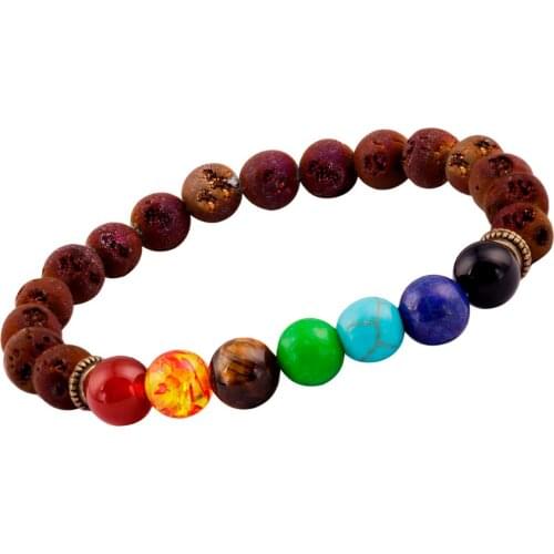 SUNYIK Fuchsia Titanium Coated Druzy Crystal Geode 7 Chakra Healing Energy Gem Stone 8mm Beaded Bracelet
