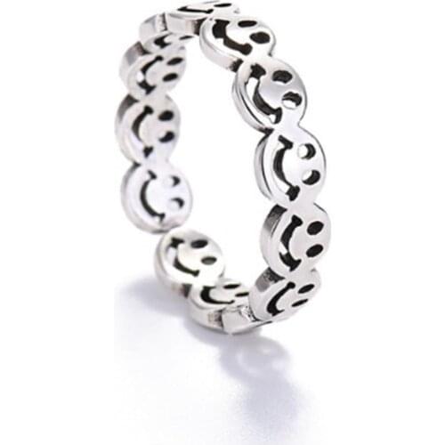 Vintage Ancient Silver Color Happy Smiling Face Open Rings for Women Punk Hip Hop Adjustable Ring Fashion Jewelry Best Gift