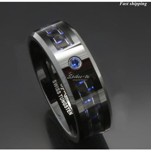5x Black and blue Carbon Fiber Tungsten Ring Blue Mens jewelry Wedding Band Free Shipping