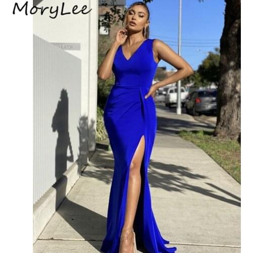 Prom Dresses Royal Blue V-Neck Sleeveless Silk Satin Pleated Mermaid Prom Dresses With Zipper Back vestidos de fiesta de noche