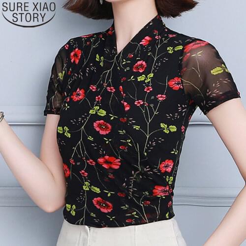 Women Summer 2021 Plus Size M-4XL Black Floral Print Mesh Blouse Stretch Bottoming Shirts Short Sleeve Tops Clothes Blusas 9924