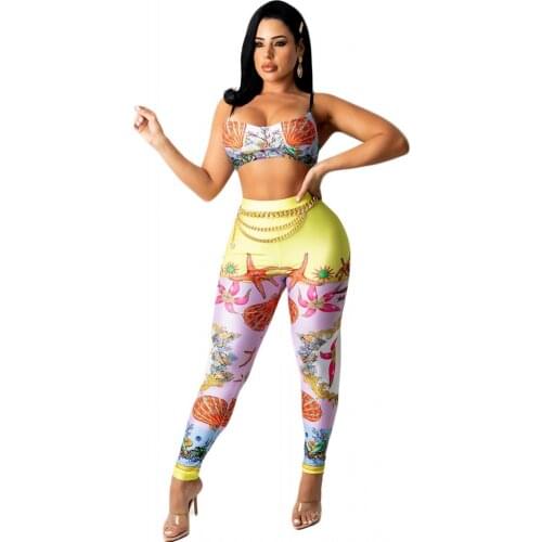 Two Piece Women Set Sleeveless Crop Top And Pant Suits Summer Tracksuit Fashion Scallop Print Bandage Casual Matching Sets