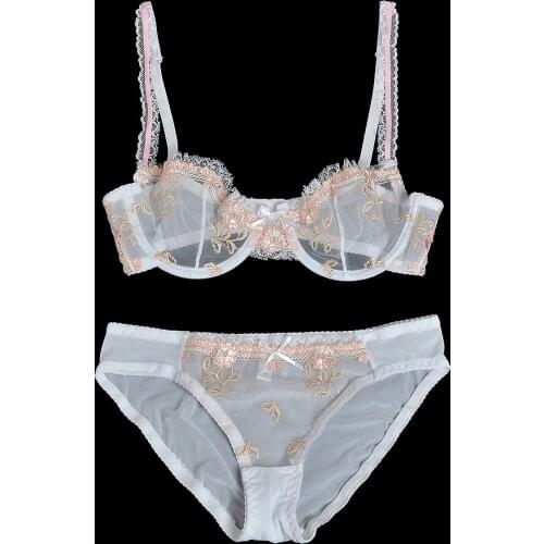 Vgplay Womens Bra Underwear See-through Lace Lingerie Floral Embroidery Brassiere Panties Plus Size Unlined Bra for Women