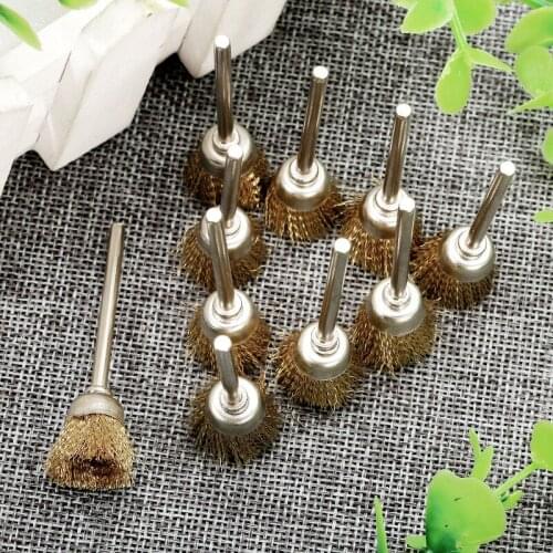 10Pcs 15mm Brass Wire Cup Type Wheel Brushes 3mm/ 3/25" Shank Cleaning Polishing Buffing Abrasive for Grinder Power Rotary Tool