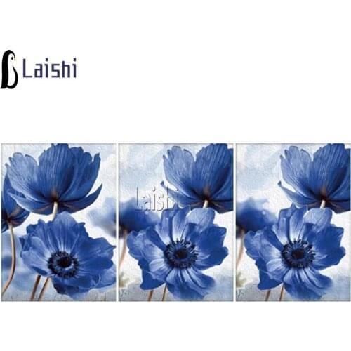 3pcs full drill Diamond Painting Blue Flower Embroidery Mosaic Diamond Art Picture Rhinestone Pastoral Living Room Decoration