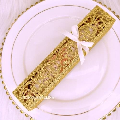 50pcs Elegant Gold Glitter Laser Cut Invitation Boxes with Ribbons for Wedding Customized Quinceanera Invitation