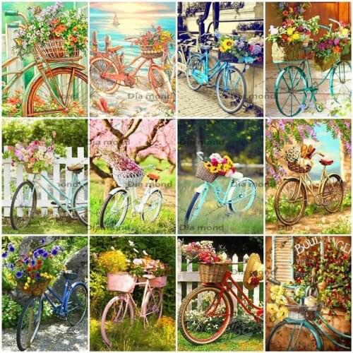 Diamond Painting Flowers and Bicycle Cross Stitch Rhinestones Handmade Diamond Embroidery Landscape Mosaic Home Decoration