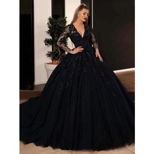 Ball Gown Black Wedding Dresses Sequin Lace Appliques Bridal Gowns with Long Sleeve Lace-up Princess Party Dress Plus Size