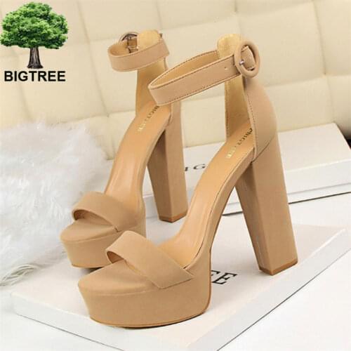 BIGTREE Platform Open Toe Womens Party Shoes Concise Wedding Sandals Women Solid Soft Leather Buckle High Heels 13cm Shoes