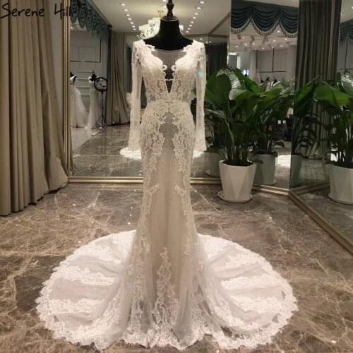 Ivory Mermaid Long Sleeves Sexy Wedding Dresses 2020 Backless Beading Pearls Tulle Bridal Gowns HA2404 Custom Made