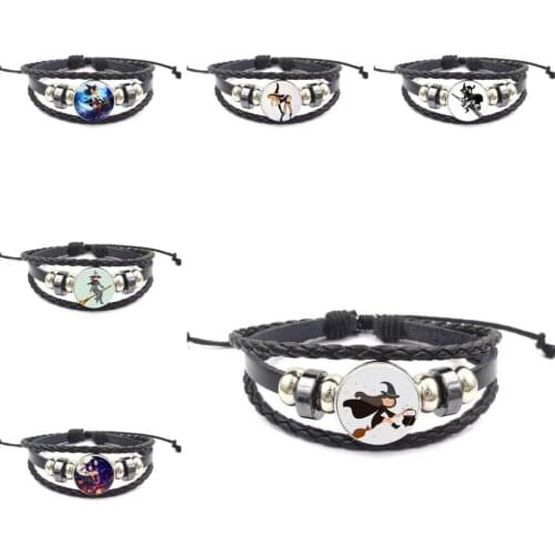 EJ Glaze Fasmous Brand Jewelry With Glass Cabochon Black Leather Bracelet Bangle For Women Men Beautiful Cartoon Witch