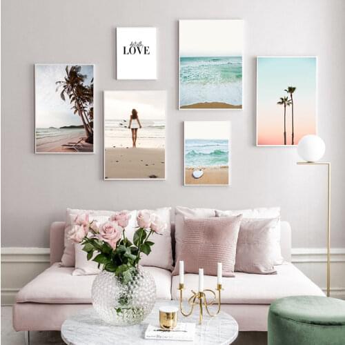 Summer Tropical Decoration Picture Scandinavian Ocean Beach Palm Tree Print Scenery Wall Art Canvas Painting Home Decor