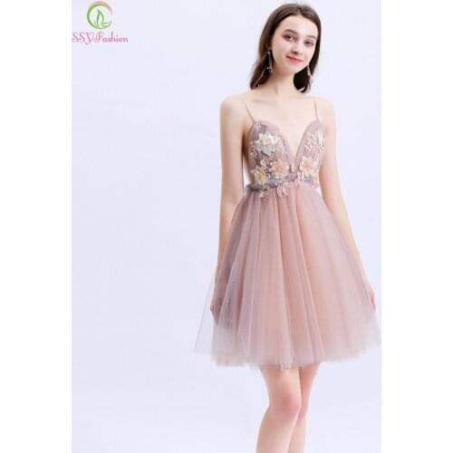 SSYFashion New Sexy Cocktail Dresses V-neck Mini Short Lace Appliques Beading Backless Formal Party Gowns Vestidos De Noche