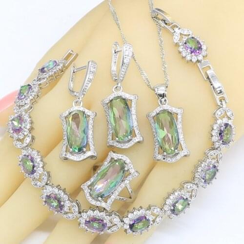Geometric Rainbow Zircon 925 Silver Wedding Jewelry Sets For Women Necklace Pendant Earrings Rings Bracelet Gift Box