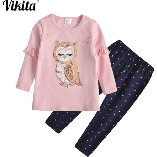VIKITA Children Cotton Clothing Sets Toddlers Baby Girls Long Sleeve Owl Sequins T shirt and Trouser Pants Girls Autumn Clothes