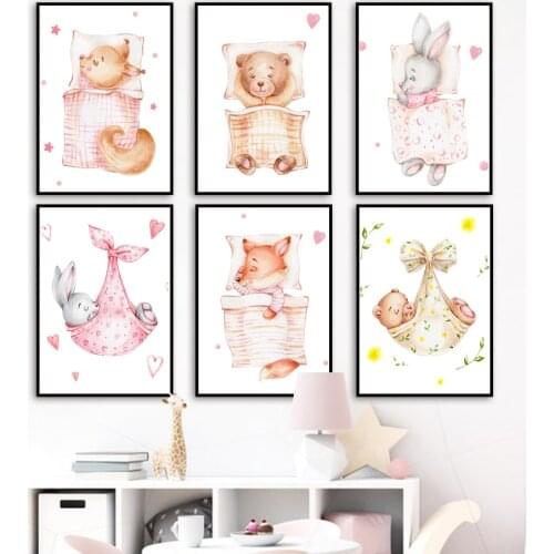 Cartoon Bear Rabbit Fox Sleep Nursery Wall Art Prints Canvas Painting Nordic Poster Wall Pictures Baby Girl Boy Bedroom Decor
