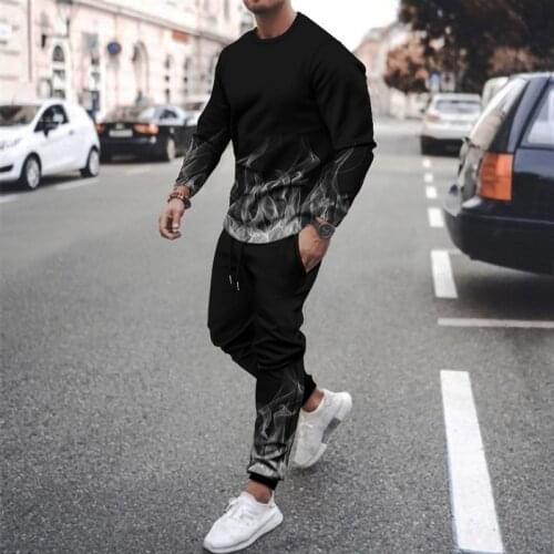 Mens 3D flame printing long-sleeved T-shirt + trousers two-piece comfortable and breathable thin casual suit