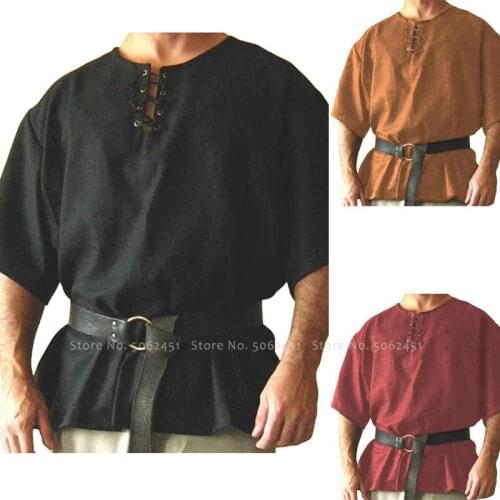 Men Medieval Renaissance Retro Knight Pirate Viking Bandage Short Sleeve Tops Shirt Carnival Party Halloween Cosplay Costumes