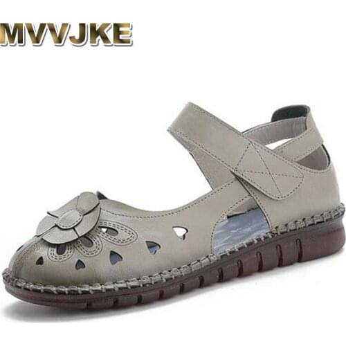 MVVJKE New National Wind Summer Women Sandals Handmade Flower Genuine Leather Sandals