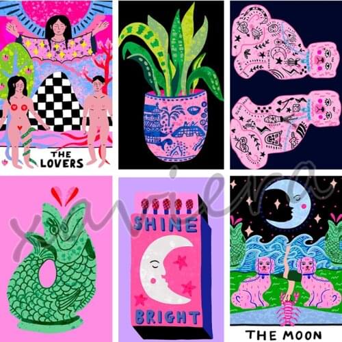 Xaviera Diy 5D Abstract Diamond Painting Pink Tarot Card Full Drill Cross Stitch Embroidery Picture of Rhinestone Bedroom Decor