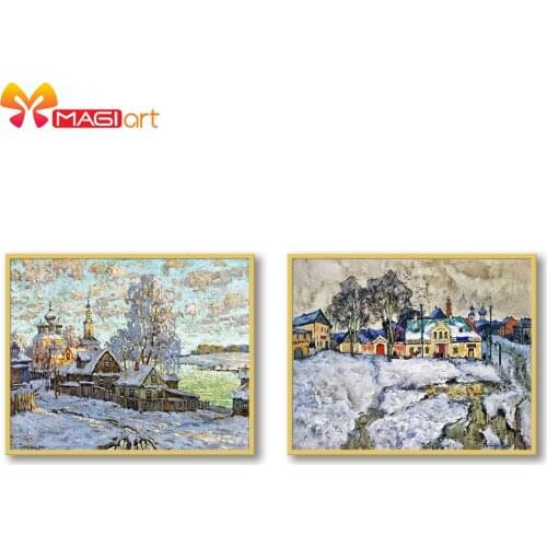 Cross stitch kits Embroidery needlework sets 11CT water soluble Canvas Patterns 14C Full Landscape Snow town -NCMS152