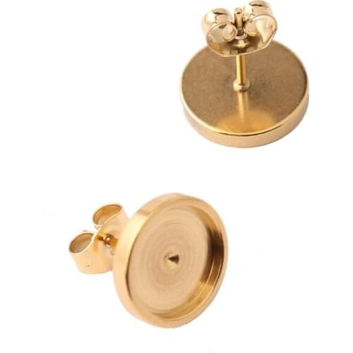 Onwear 10pcs gold plated stainless steel 10mm blank cabochon earring base settings diy stud bezel settings for earrings making