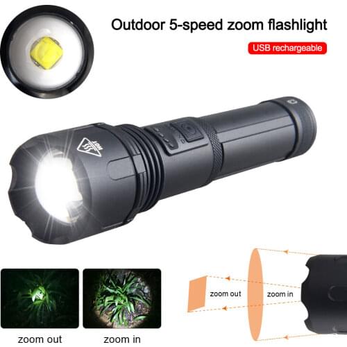Outdoor Tactical USB Rechargeable Zoomable Hunting Flashlight 5-Speed LED Strong Light Waterproof IPX65 Cycling Flashlight Torch