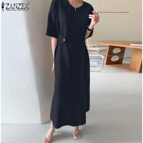 ZANZEA Summer Female O neck Chic Maxi Dress Casual Robe Femme Vintage Half Sleeve Sundress Womens Oversize Solid Color Vestidos