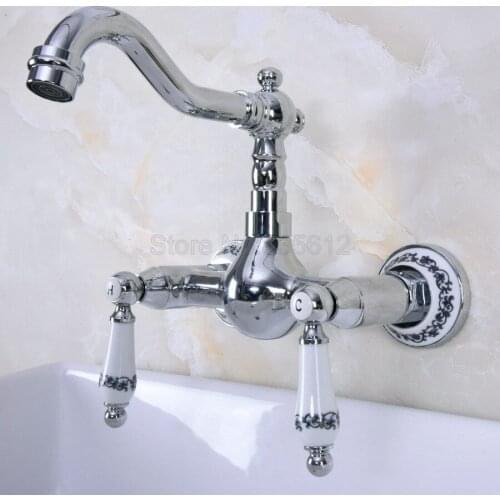 Polished Chrome Swivel Spout Bathroom Basin Faucet / Wall Mounted Dual Handles Vessel Sink Mixer Taps tnf962