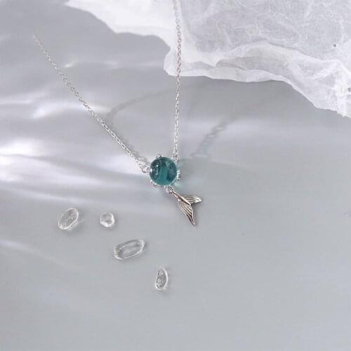 POPACC Dainty 925 Sterling Silver Blue Crystal Fish Tail Necklace For Women collares Clavicle Chain Birthday Gift