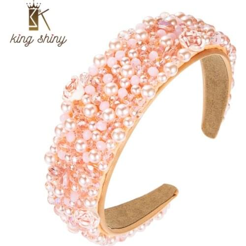 King Shiny Luxury Full Color Crystal Beaded Headband Elegant Hand Made Simulated Pearl Wide-brimmed Hairband Girls Party Crowns