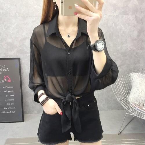 Spring womens fashion chiffon shirt womens plus size sexy solid color shirt female summer sun protection clothing