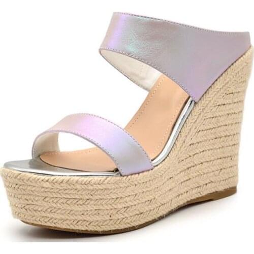 New Girls Red Nude Gold Patent Leather 12 cm Wedge Sandals Woman Slip On Waterproof Thick Sole One Line Straw Platform Shoes