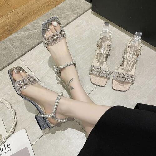 Sandals women 2021 new summer pearl diamond small fresh square head middle heel slippers square heel fashion sandals