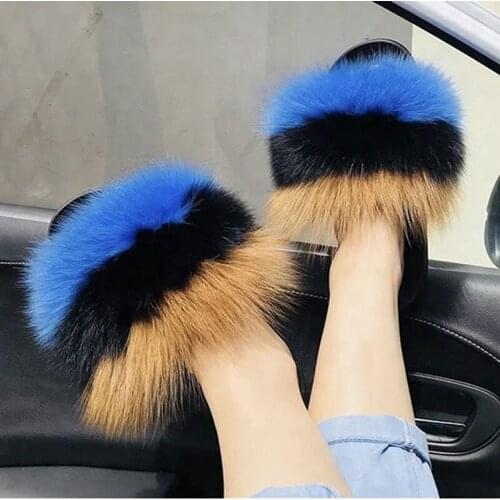 Summer Womens Shoes Fox Fur Slippers Real Hair Flip-Flops Red Sole Slippers Furry Slides For Women Fluffy Slippers Fur Sandals