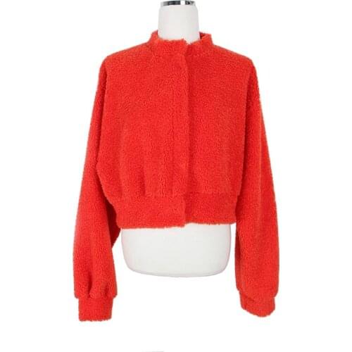 VSUE Women Orange Jacket Ted Faux Fur Lambwool Stand Collar Short Croped C0296