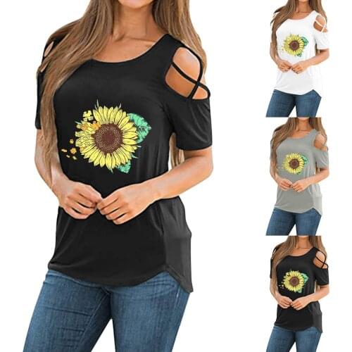 Women Short Sleeve Round Neck Sunflower Printing T-Shirt Exposed shoulders Tee Tops Solid Color Blouse Daily All-match T-shirt