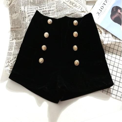 MUMUZI Women spring and autumn velvet shorts high waist all match buttons black short trousers loose 2xl bottom hot shorts 2021