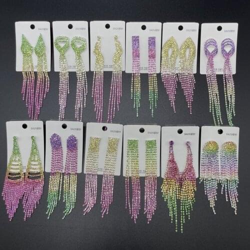 Wholesale 6 Pairs/Lot Mixed Gradient Colorful Rhinestone Long Tassel Earrings for Women Big Drop Dangle Earrings Bridal Jewelry