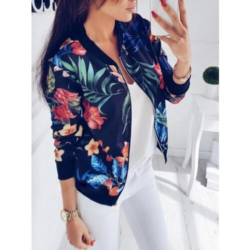 2019 Women Coat Retro Floral Print Zipper Up Jacket Casual Coat Autumn Long Sleeve Outwear Women Basic Jacket Bomber Famale 5XL
