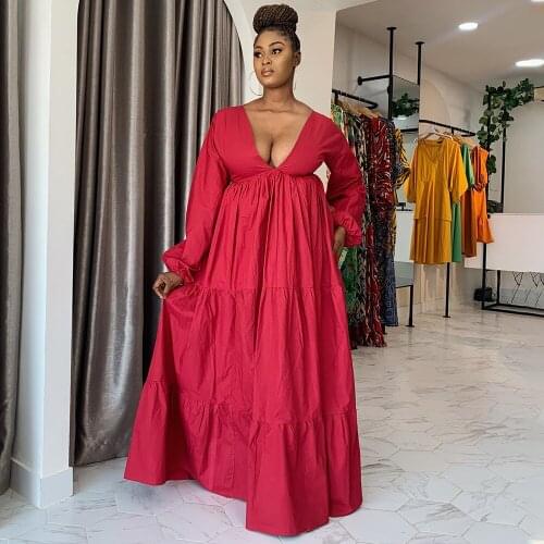 2021 Ins Internet Celebrity Famous Women Dress Solid Color V Neck Ball Gown