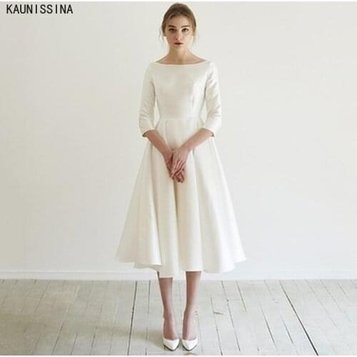 KAUNISSINA Simple Wedding Dresses Vestidos De Novia Half Sleeves A-line White Bride Marriage Dress Short Tea Length Bridal Gowns